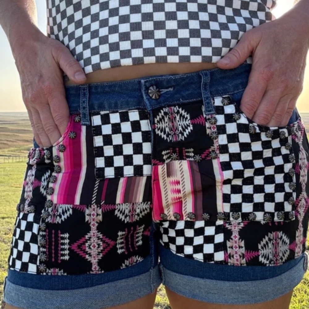 Checkered Patched Up Denim Shorts